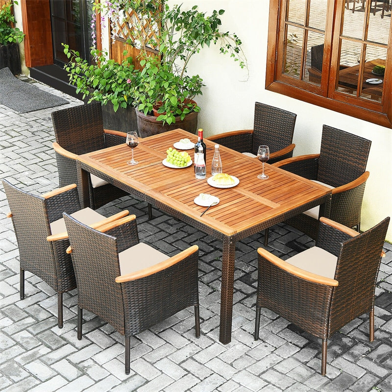 7 Piece Rattan Patio Dining Set mit Acacia Holz Tisch & Stapelbare Wicker Stühle