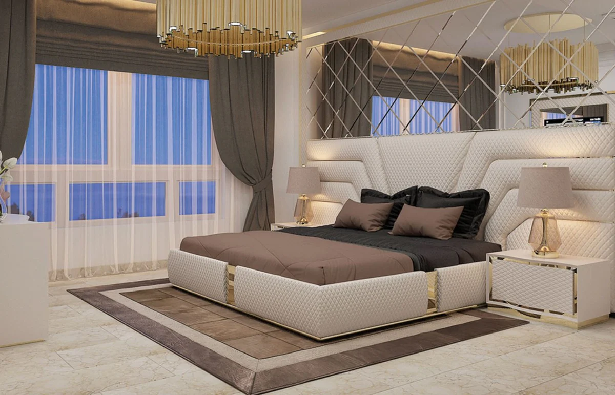 Luxury Bedroom Set Cream / Gold - 1 Double Bed with Headboard & 2 Bedside Tables - Modern Bedroom & Hotel Furniture - Luxury Quality