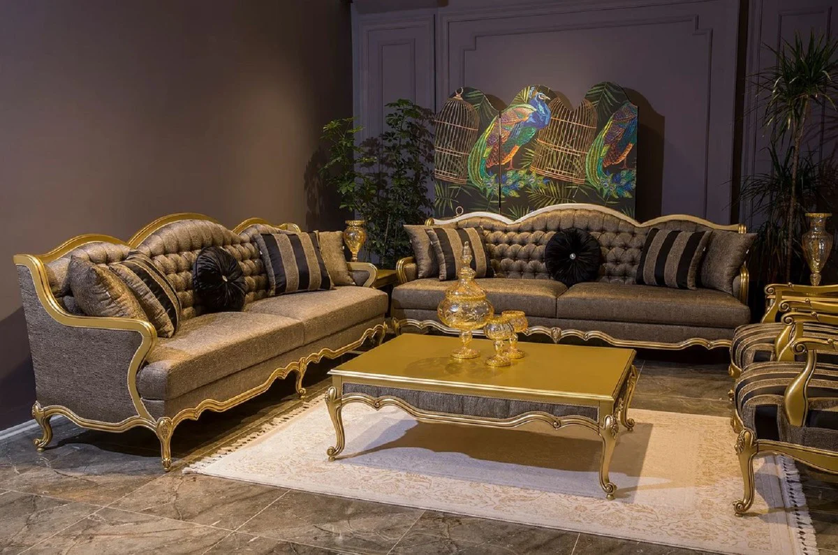 Luxus Barock Wohnzimmer Set Grau / Schwarz / Gold - 2 Barock Sofas & 2 Barock Sessel & 1 Barock Couchtisch - Wohnzimmer Möbel im Barockstil - Barock Möbel - Barock Einrichtung