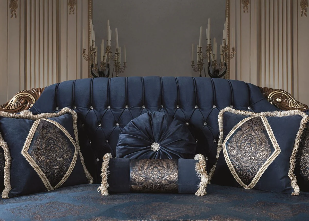 Luxury baroque living room sofa with glittering stones and decorative pillows blue / brown 240 x 90 x H. 105 cm - noble & magnificent
