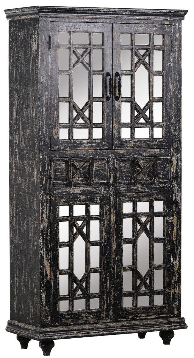 Country house style display cabinet vintage black 90 x 40 x H. 180 cm - solid wood cabinet with 4 mirrored doors and 2 drawers - display cabinet - country house style furniture