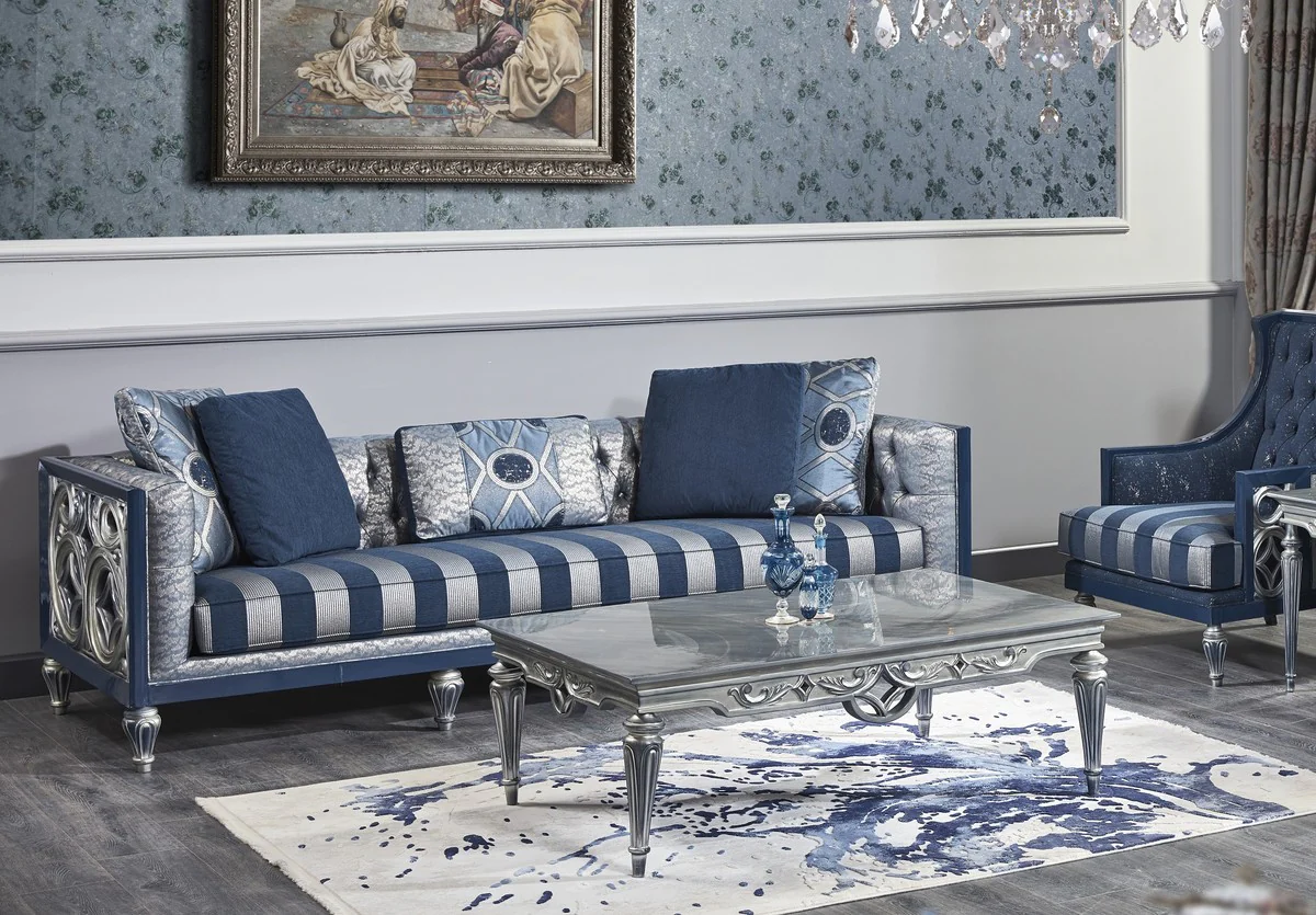 Luxury Baroque Chesterfield sofa blue / silver stripes 250 x 92 x H. 85 cm - living room furniture in the baroque style
