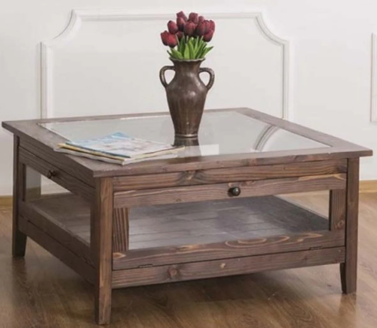 Country house style coffee table with glass top brown 90 x 90 x H. 45 cm - solid wood living room table - living room furniture in country house style