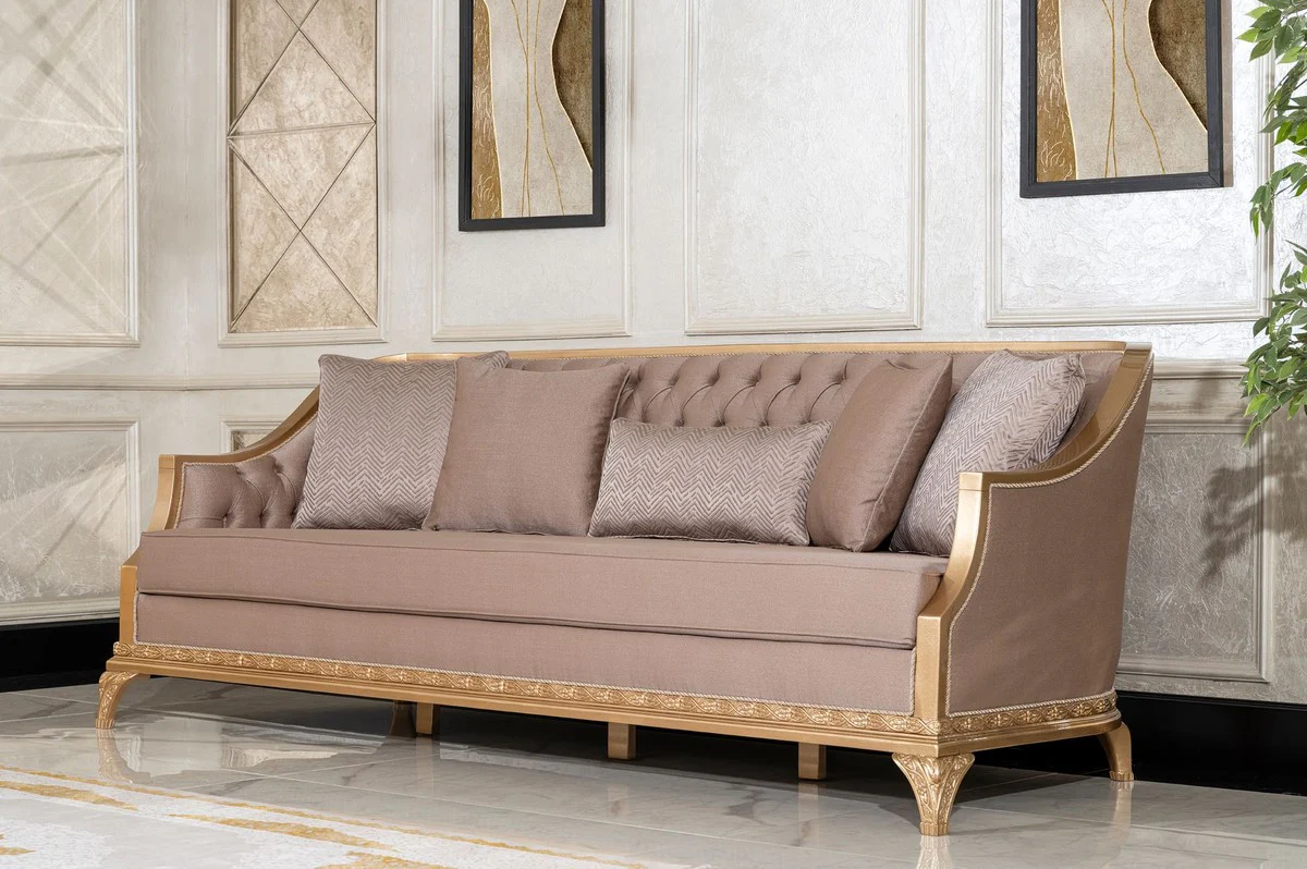 Luxury Baroque Living Room Sofa Brown / Gold - Handmade Baroque Style Sofa with Decorative Pillows - Luxury Living Room Furniture in Baroque Style - Baroque Furniture