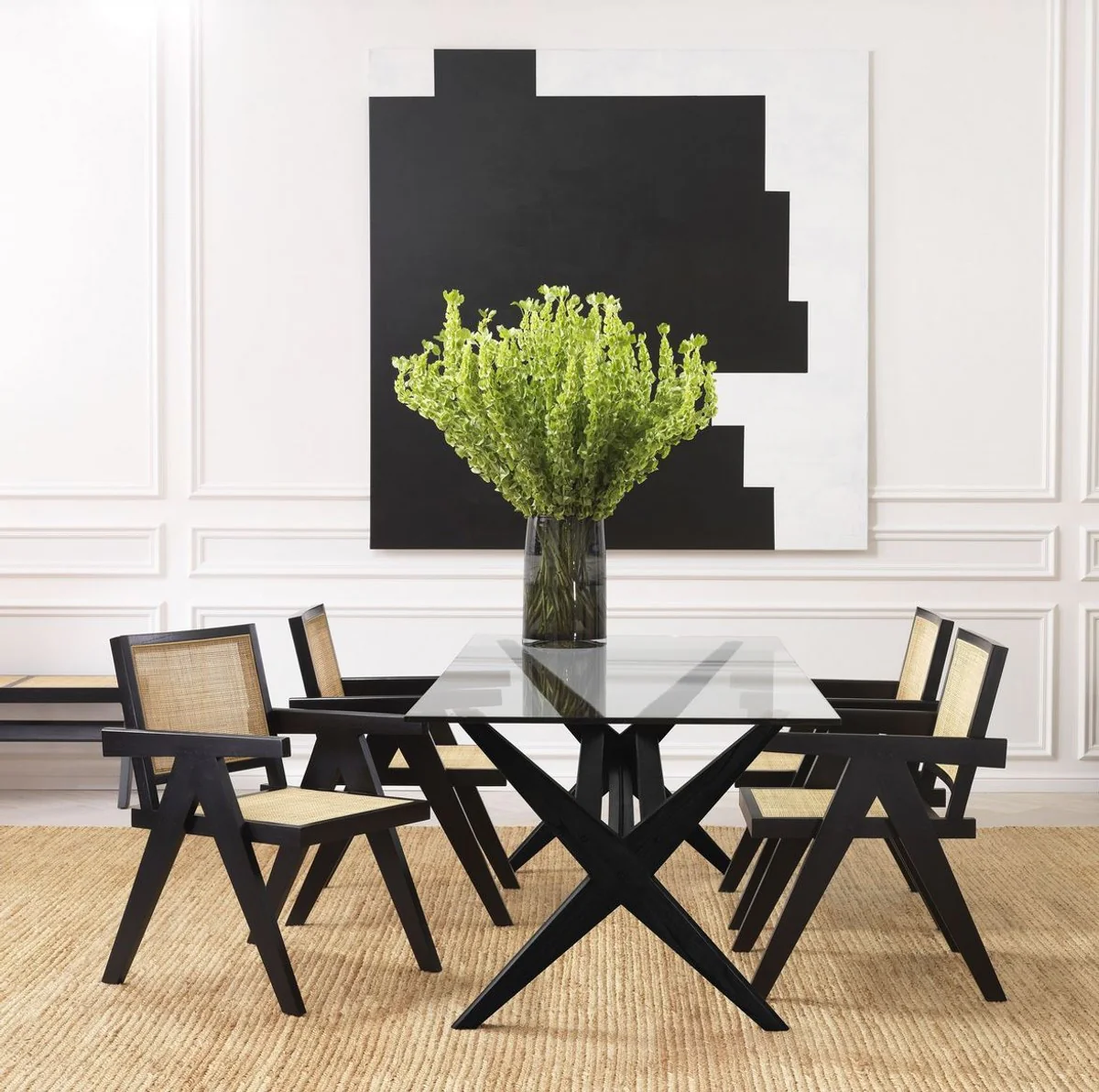 Luxury dining room chair black / natural colors 57 x 65.5 x H. 90 cm - solid wood chair with armrests and hand-woven rattan weave - luxury dining room furniture