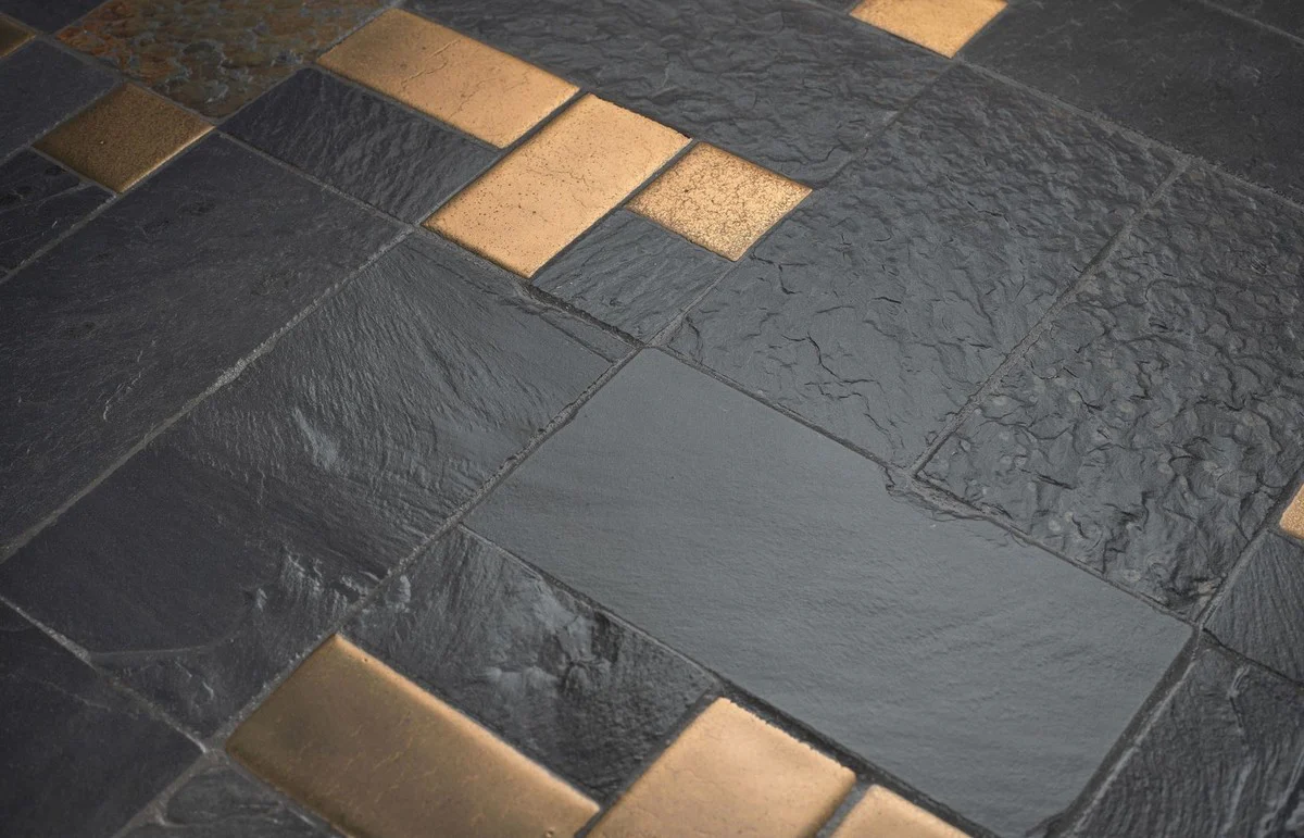 Luxury dining table multicolored / black Ø 120 x H. 76 cm - round kitchen table with slate slabs and ceramic tiles