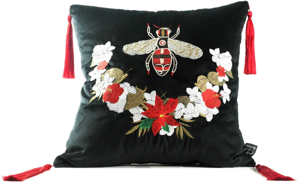 Luxus Deko Kissen mit Troddeln Bee Schwarz / Mehrfarbig 45 x 45 cm - Feinster Samtstoff - Luxus Deko Accessoires