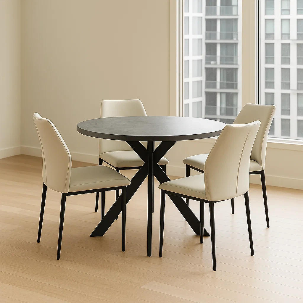 Essgruppe mit Tisch und Stühlen, bestehend aus einem Esstisch und vier Esszimmerstühlen, schwarz, Holz und Kunstleder, für das Esszimmer