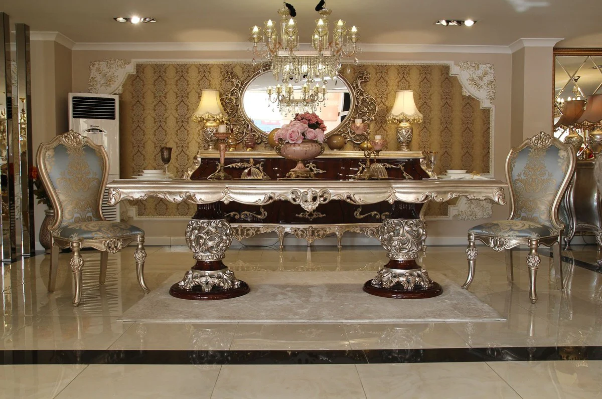 Luxury baroque dining room chair light blue / beige / silver - magnificent solid wood kitchen chair with elegant pattern - baroque dining room furniture