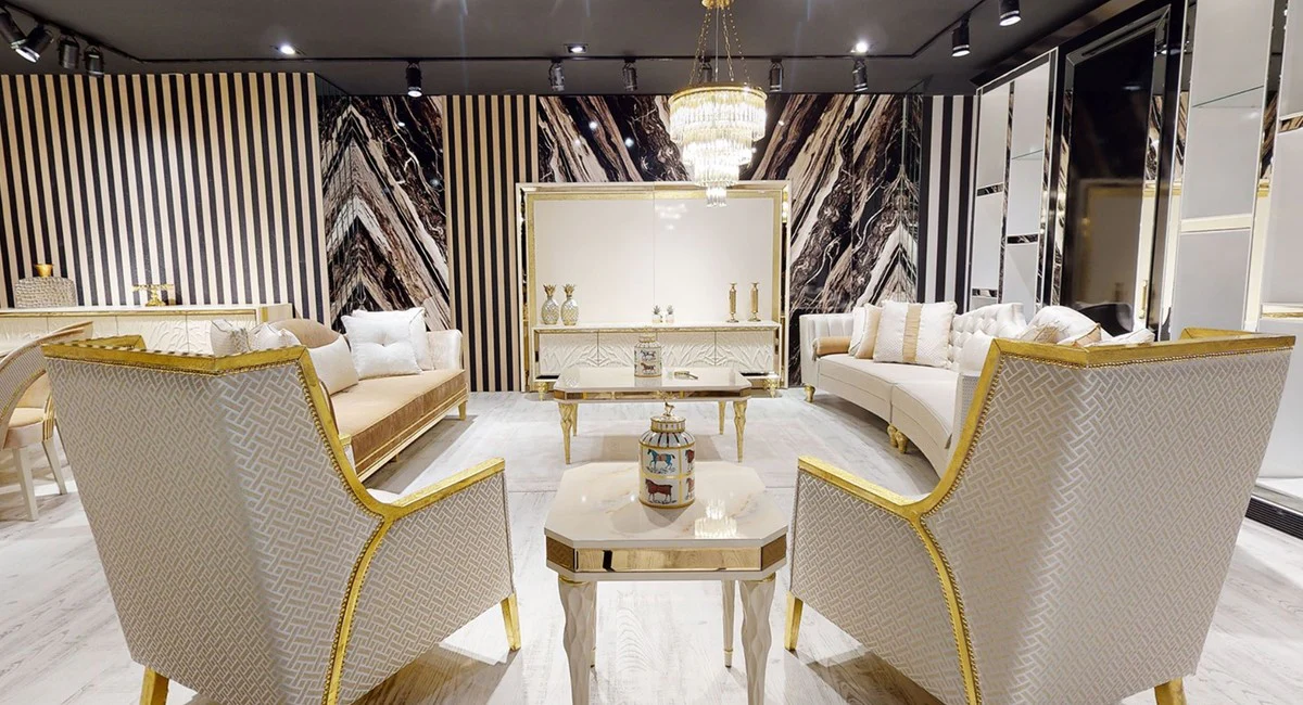 Luxury Baroque Sofa White / Gold - Curved Living Room Sofa - Hotel Sofa - Luxury Baroque Living Room & Hotel Furniture