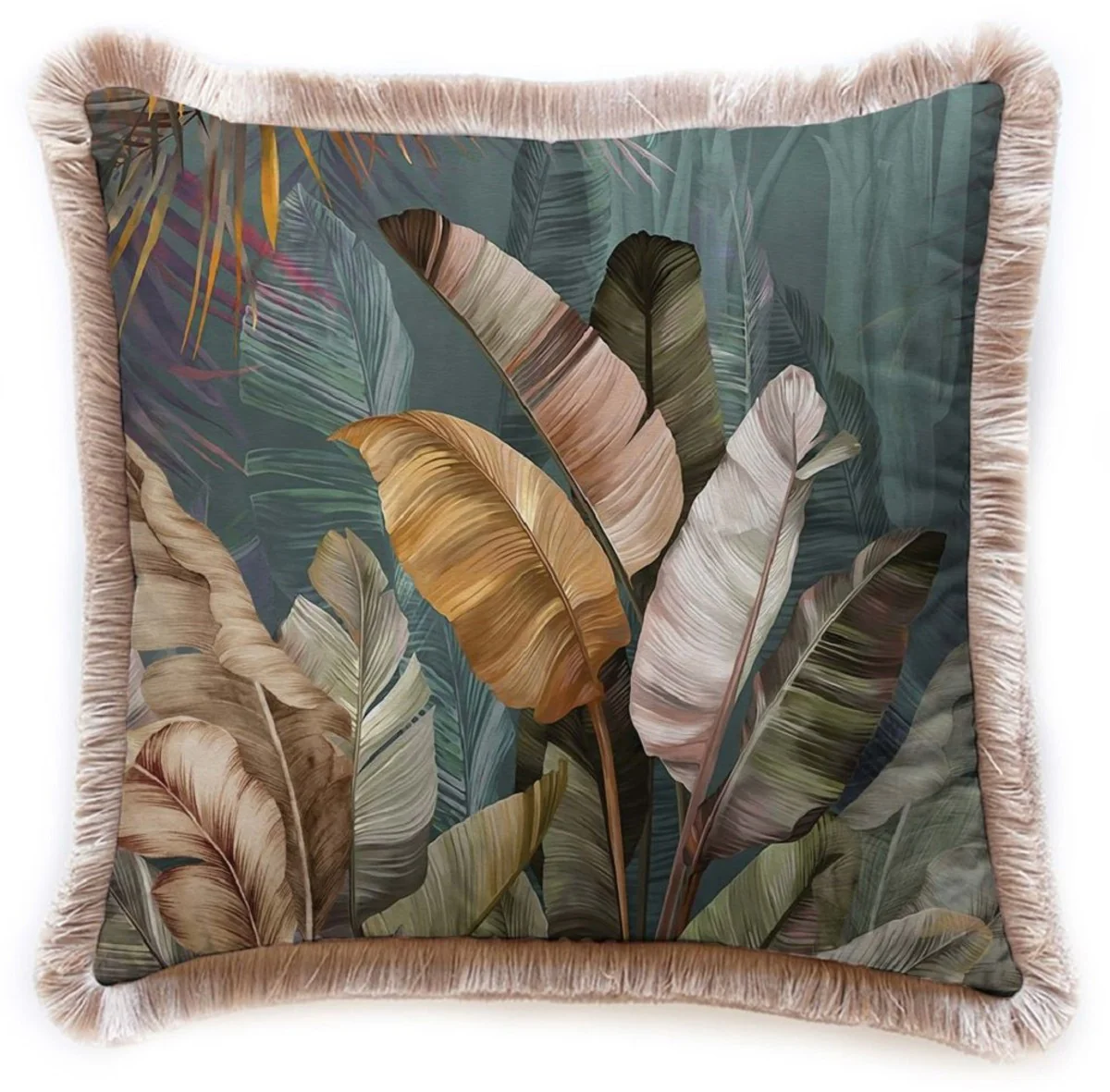 Luxury decorative cushion shrubs multicolored / brown 45 x 45 cm - printed velvet cushion with fringes - luxury decorative accessories
