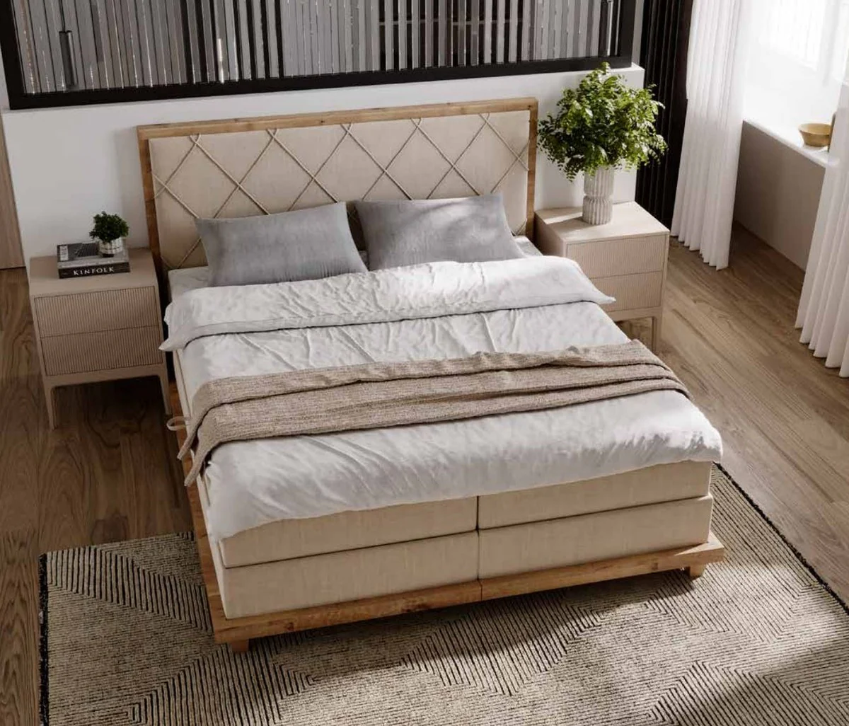 Luxury double bed natural colors 170 x 210 x H. 115 cm - solid wood bed with mattress - bedroom furniture - hotel furniture - luxury furniture - luxury furnishings