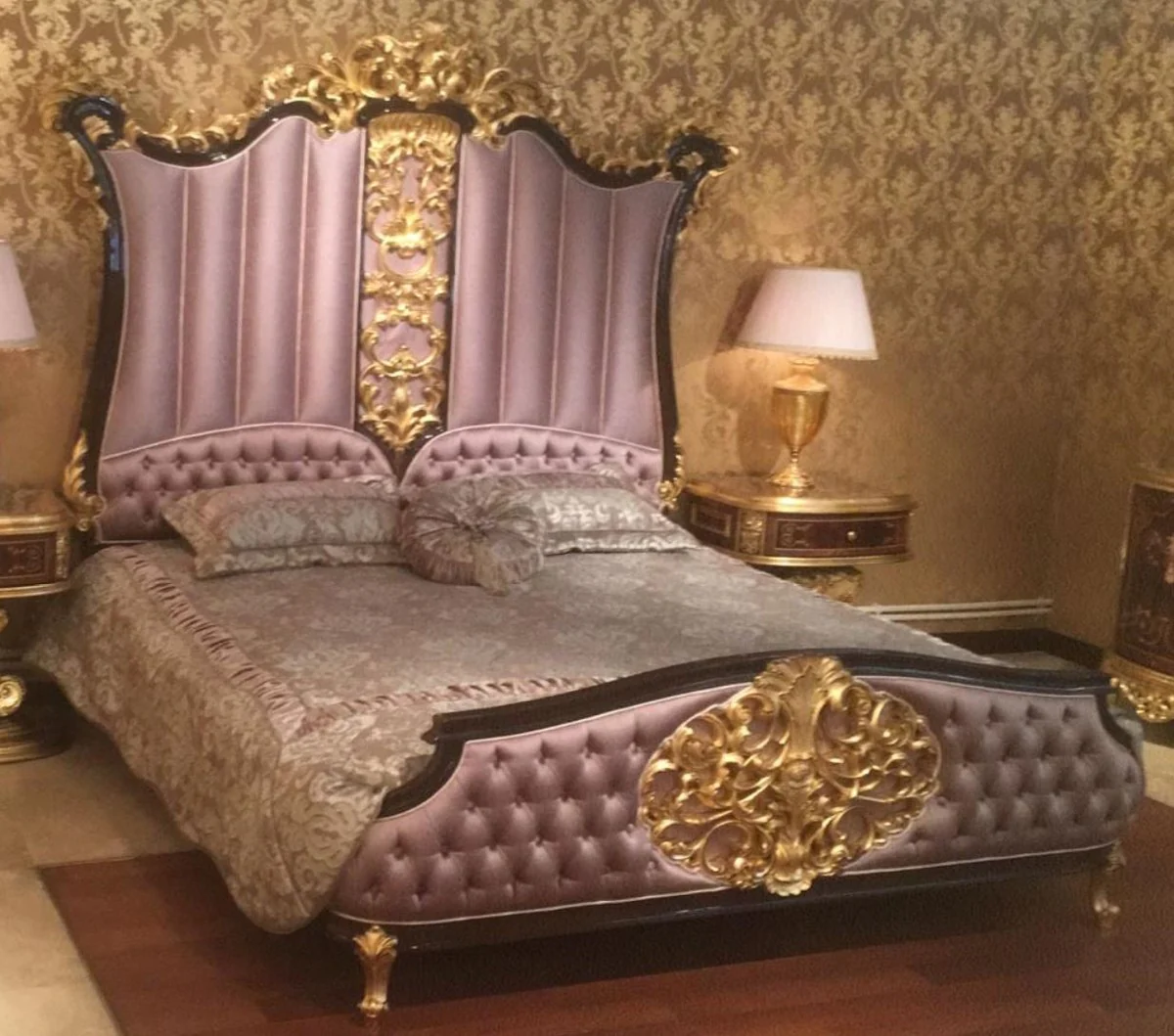 Luxury baroque double bed pink / dark brown / gold - elegant solid wood bed with headboard - magnificent bedroom furniture in the baroque style