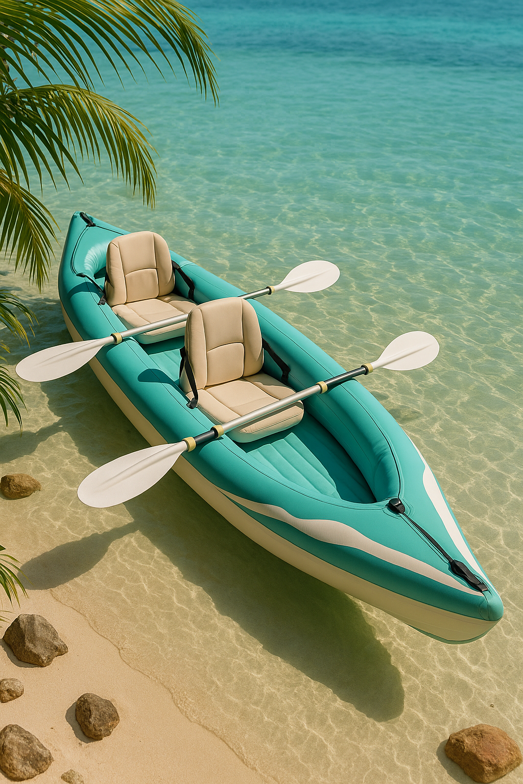 Aufblasbares Kajak mit Montagefunktion, blau/beige PVC, Doppelsitz, 376 x 77 x 34 cm, für Strand, See und Fluss, hQHIqkh506As