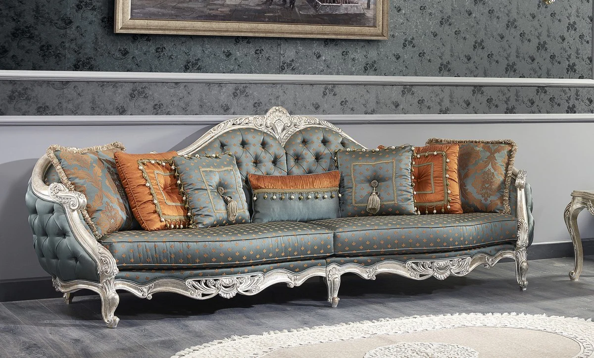 Luxury baroque sofa dark turquoise / gold / silver 310 x 99 x H. 113 cm - Magnificent Chesterfield living room sofa in the baroque style