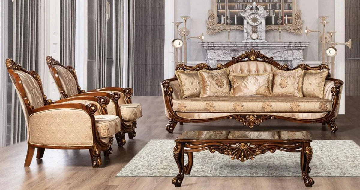 Luxus Barock Wohnzimmer Set Beige / Braun / Gold - 2 Barock Sofas & 2 Barock Sessel & 1 Barock Couchtisch - Barock Wohnzimmer Möbel