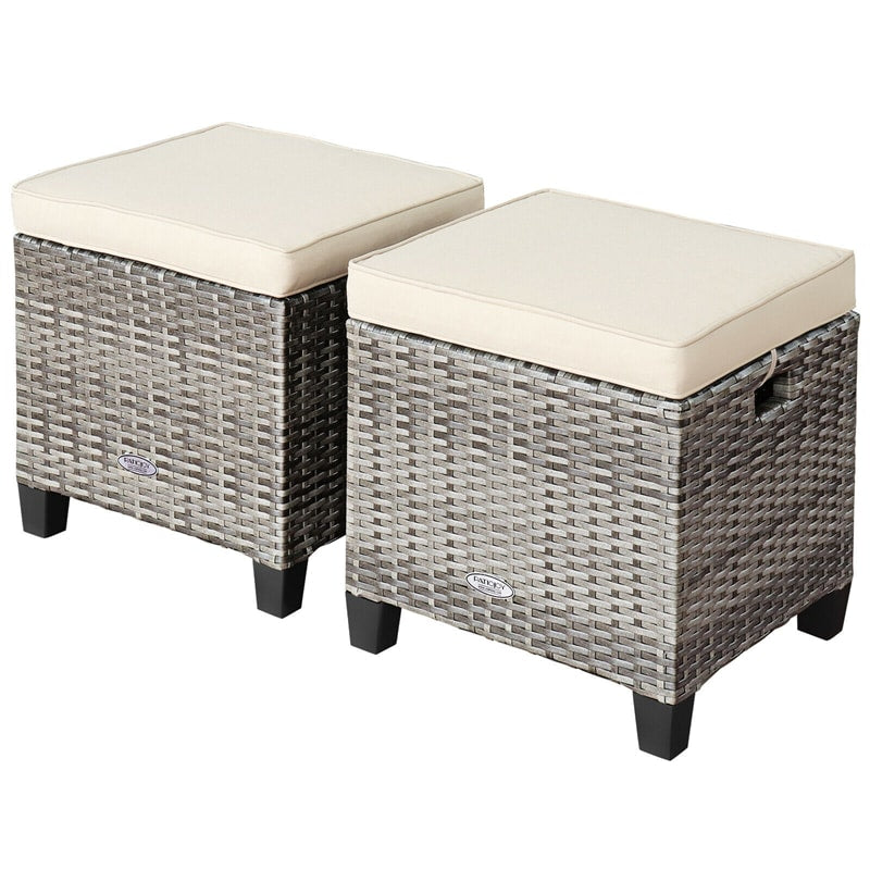 2 Stück Wicker Patio Ottomans Outdoor Rattan Fußwerkzeuge mit abnehmbaren Kissen