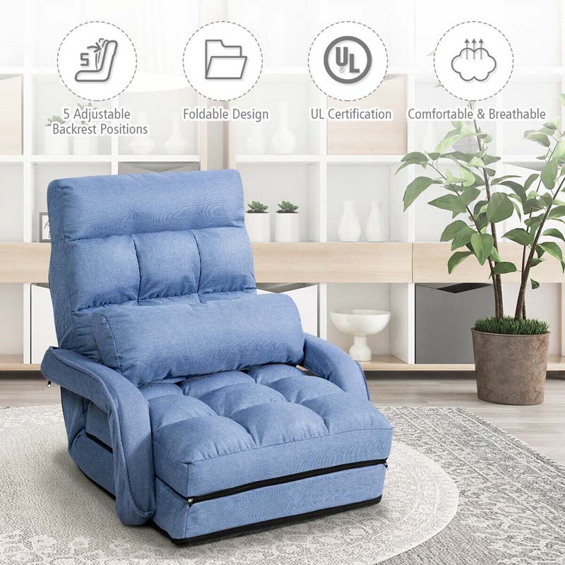 Foldable Massage Floor Chair Recliner, Single Lazy Sofa with Ergonomic Armrest, Adjustable 5 Backrest Position & Detachable Mat