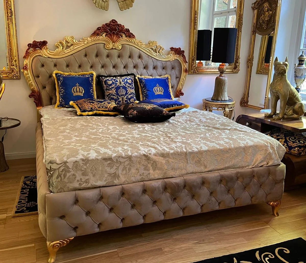 Luxury baroque double bed with mattress gray / gold / brown - magnificent solid wood bed - luxury bedroom furniture in baroque style - baroque furniture - noble & magnificent