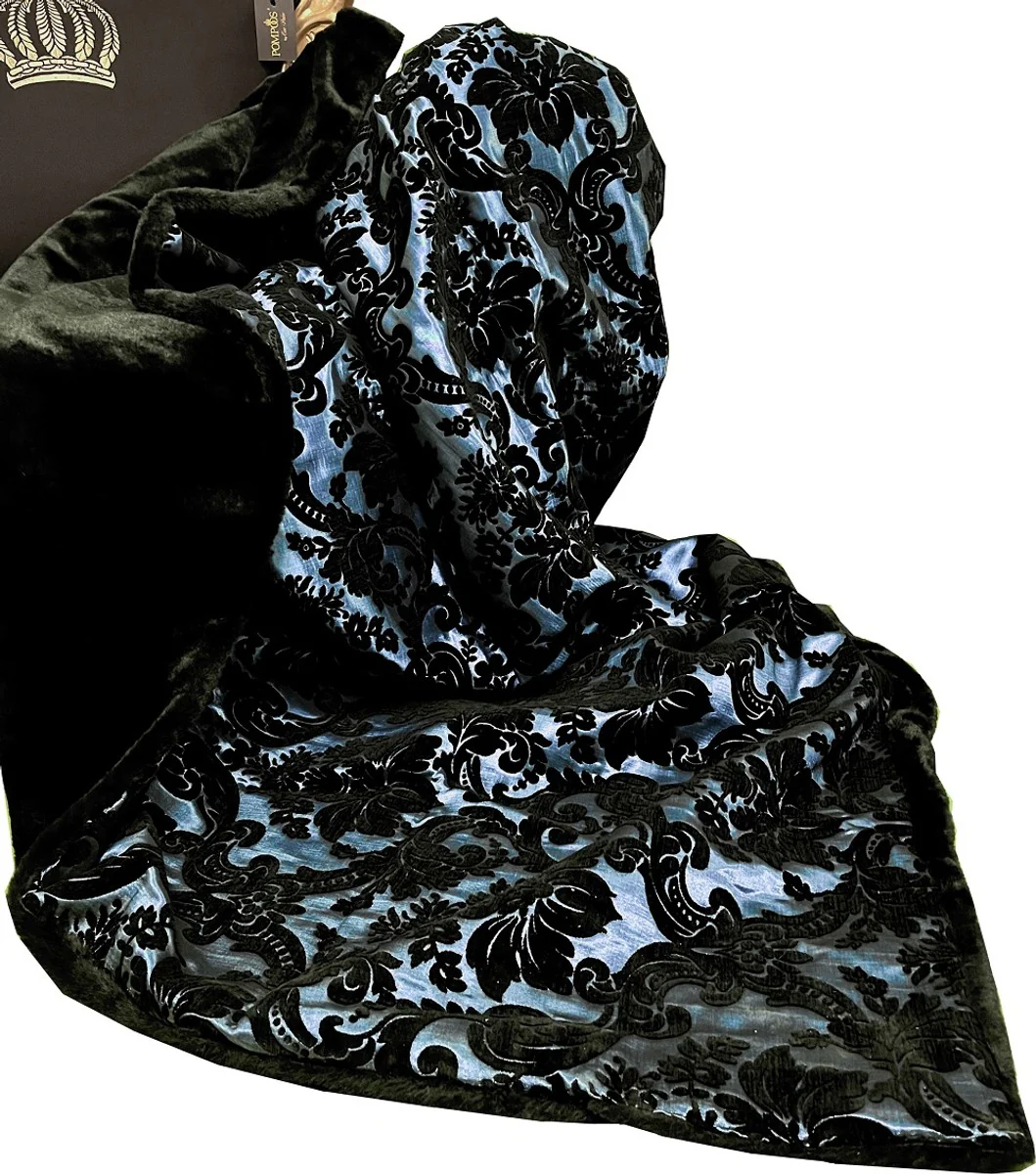 Luxury blanket Pompöös by Baroque turquoise pattern / black by Harald Glööckler with elegant bouquet pattern fabric