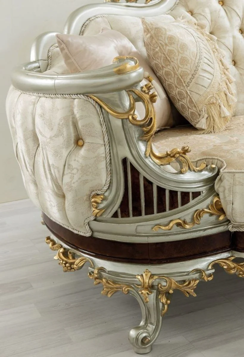 Luxury baroque sofa cream / beige / dark brown / silver / gold 260 x 90 x H. 125 cm - magnificent baroque style living room sofa with elegant pattern - baroque furniture