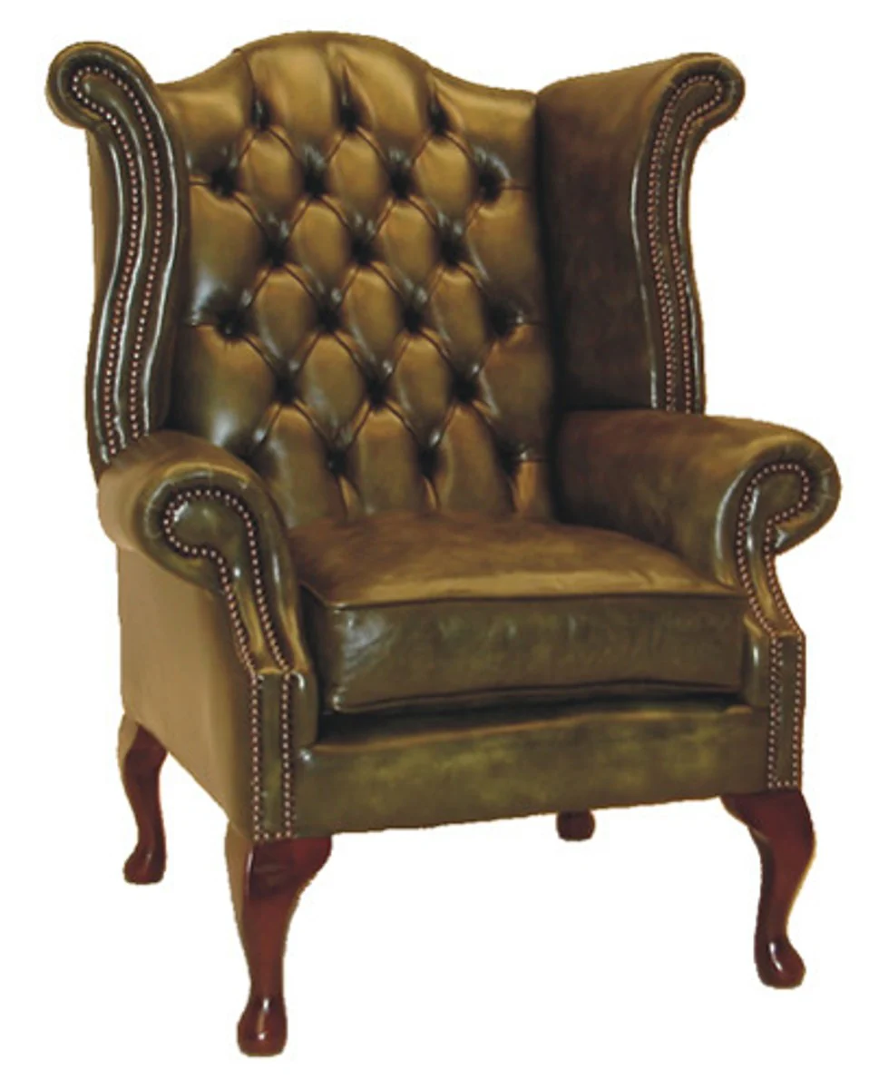 Real leather armchair vintage green - luxury living room wing chair furniture leather armchair