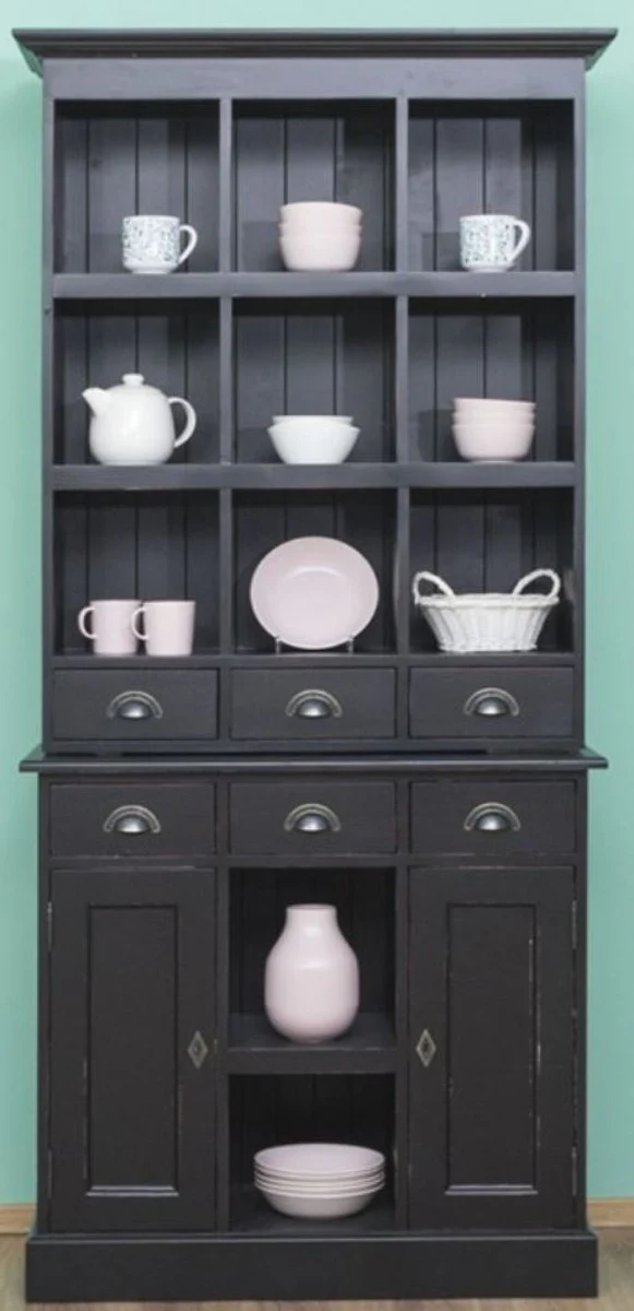 Country house style cabinet antique black 97 x 40 x H. 210 cm - solid wood shelf cabinet with 2 doors and 6 drawers - furniture in country house style