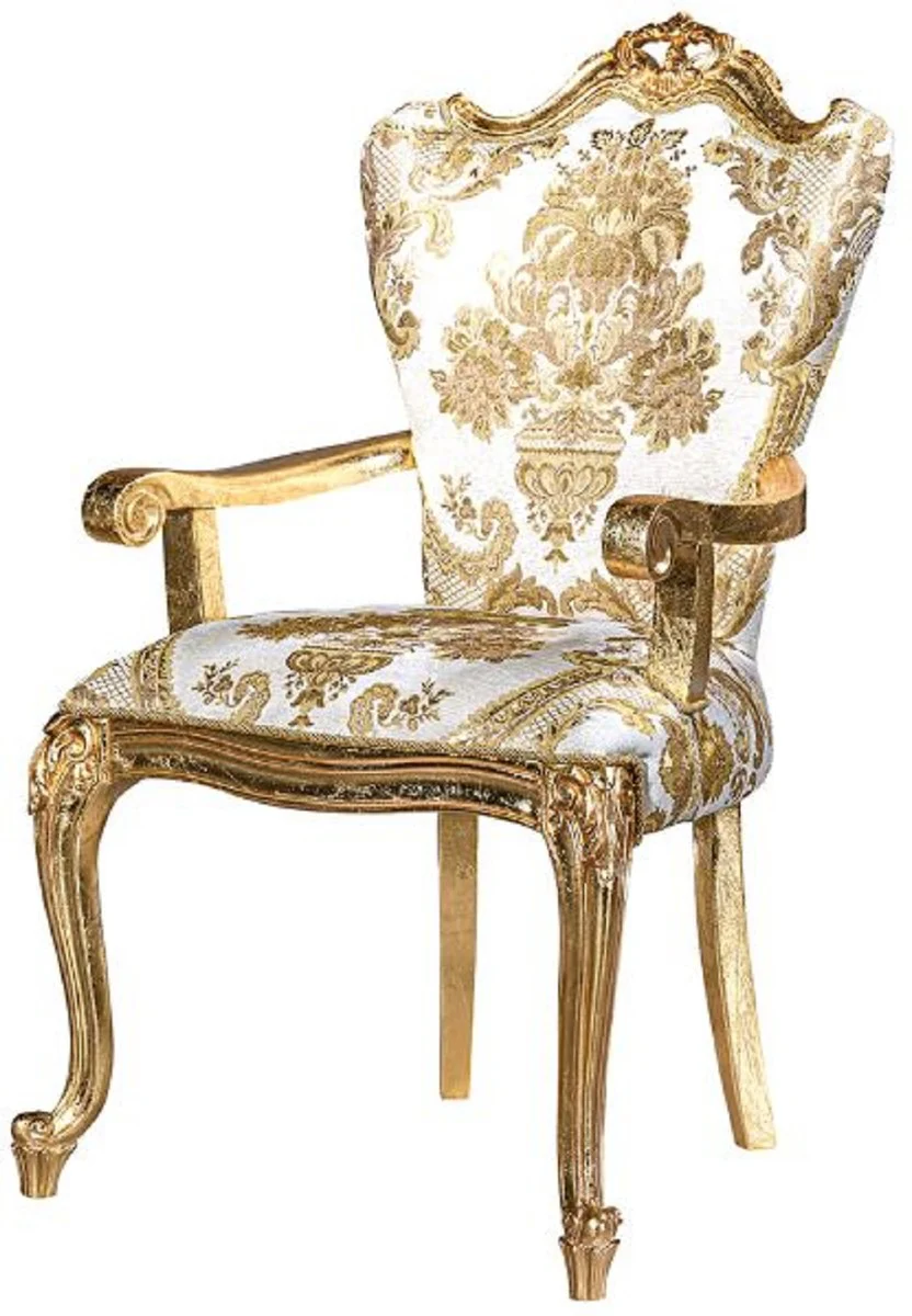 Luxury Baroque dining room chair set white / gold - 6 handmade kitchen chairs with armrests and elegant pattern - Baroque dining room furniture - noble & magnificent