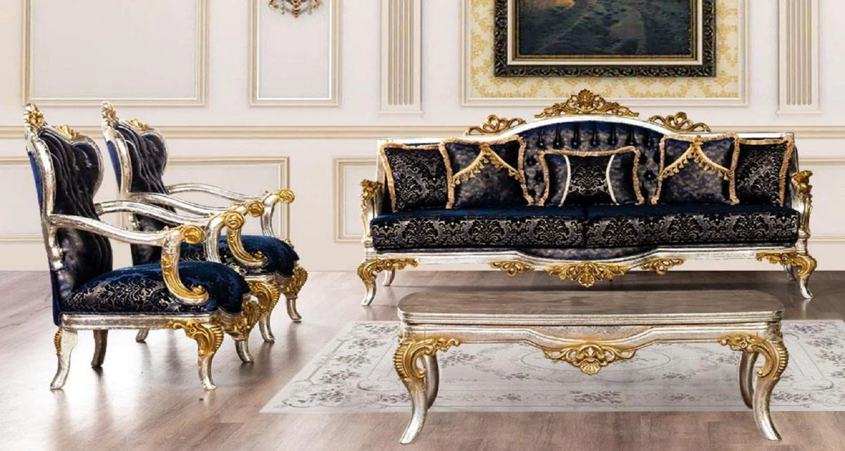 Luxus Barock Wohnzimmer Set Royalblau / Schwarz / Silber / Gold - 2 Barock Sofas mit Muster & 2 Barock Sessel mit Muster & 1 Barock Couchtisch - Barock Wohnzimmer Möbel