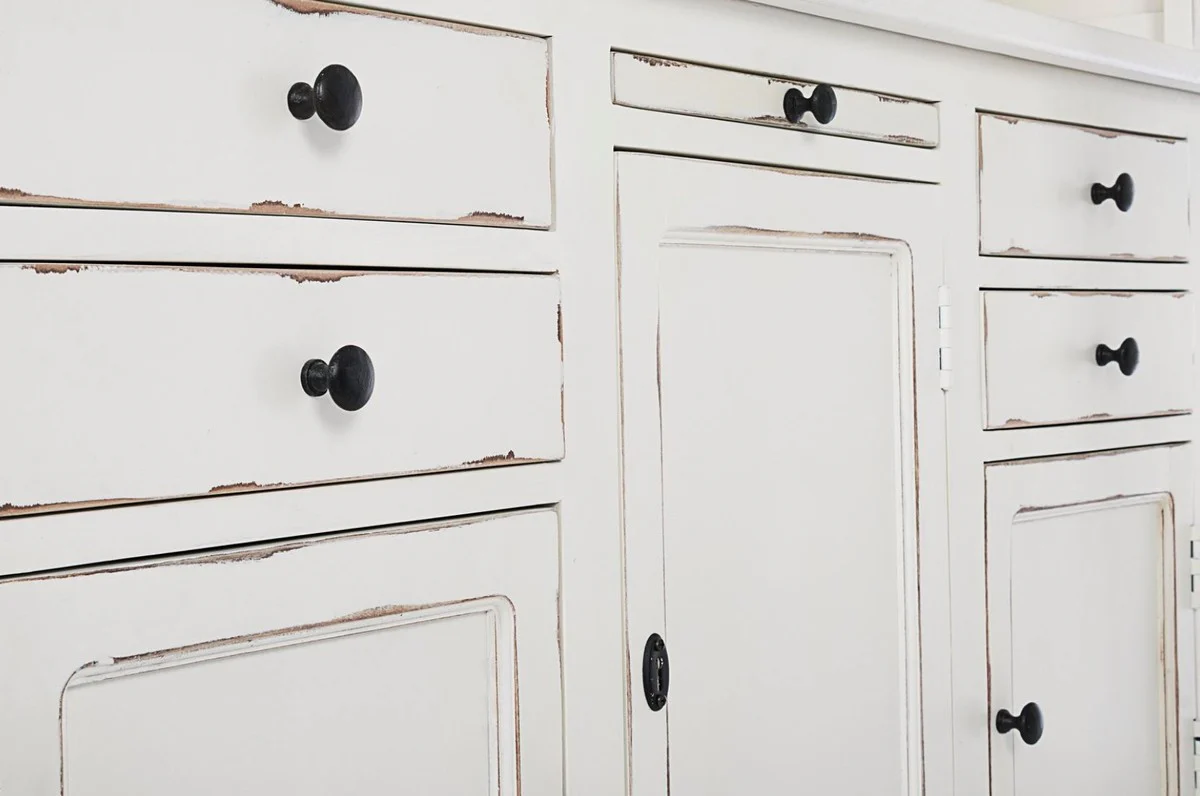 Country house style cabinet with ladder antique white 143.5 x 40.6 x H. 233.7 cm - bookcase - shelf cabinet - living room cabinet - office cabinet - country house style furniture