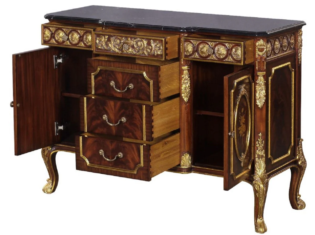 Luxury baroque solid wood chest of drawers with marble top dark brown / gold / black - magnificent baroque furniture
