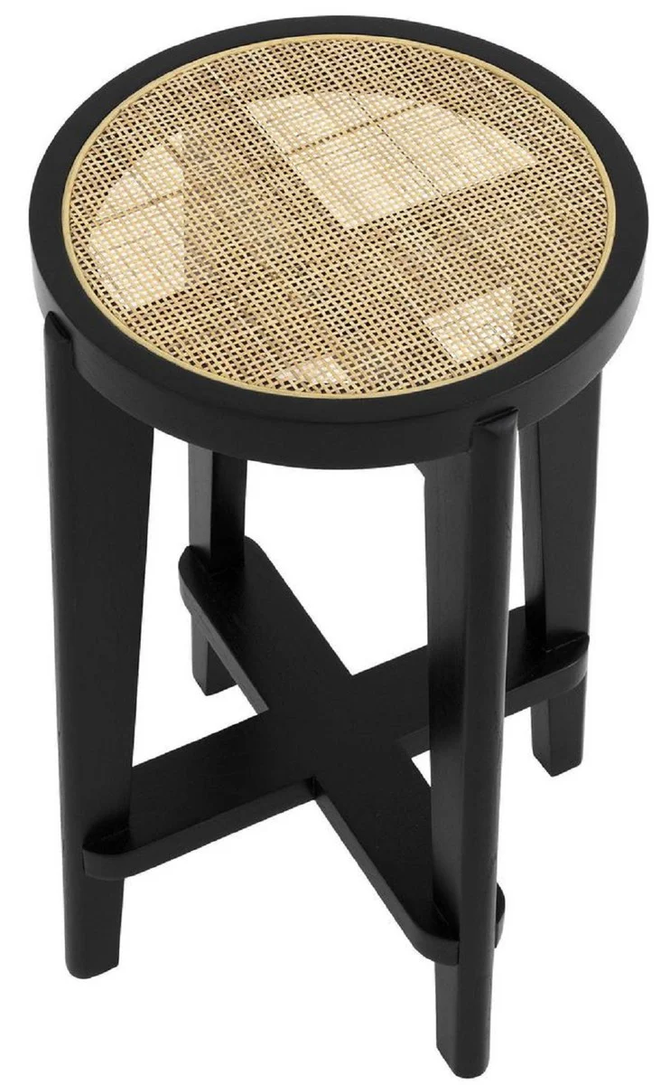 Luxury bar stool black / natural color Ø 44 x H. 67 cm - round solid wood bar chair - bar furniture