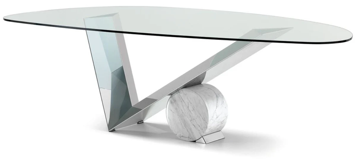 Designer dining table silver / white 240 x 115 x H. 75 cm - Dining room table with glass top - Modern dining room furniture - Luxury collection