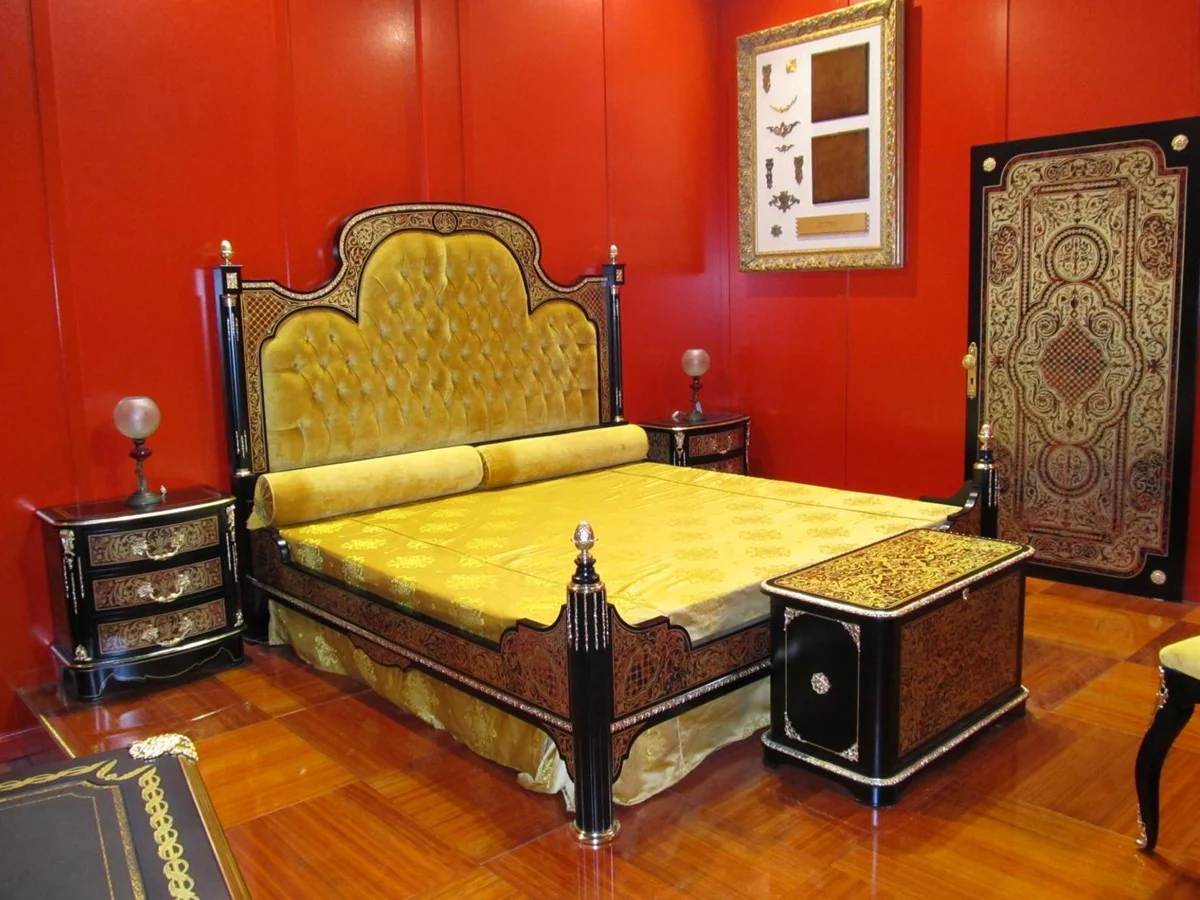 Luxury Baroque Boulle Nightstand Black / Red / Gold - Handmade Baroque Style Bedside Table - Baroque Bedroom Furniture - First Class Luxury Quality - Made in Italy