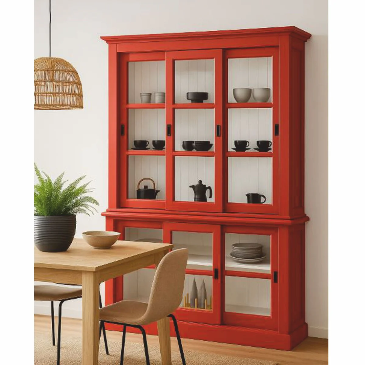 Country house style display cabinet with 6 sliding doors red / white 151 x 47 x H. 220 cm