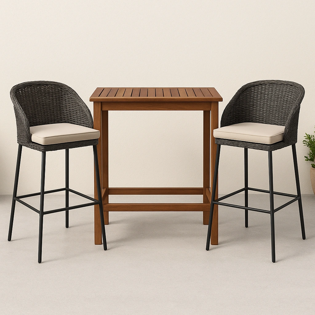 Gartenbar-Set: Holztisch mit 2 Rattanhockern und beige Kissen für den Außenbereich