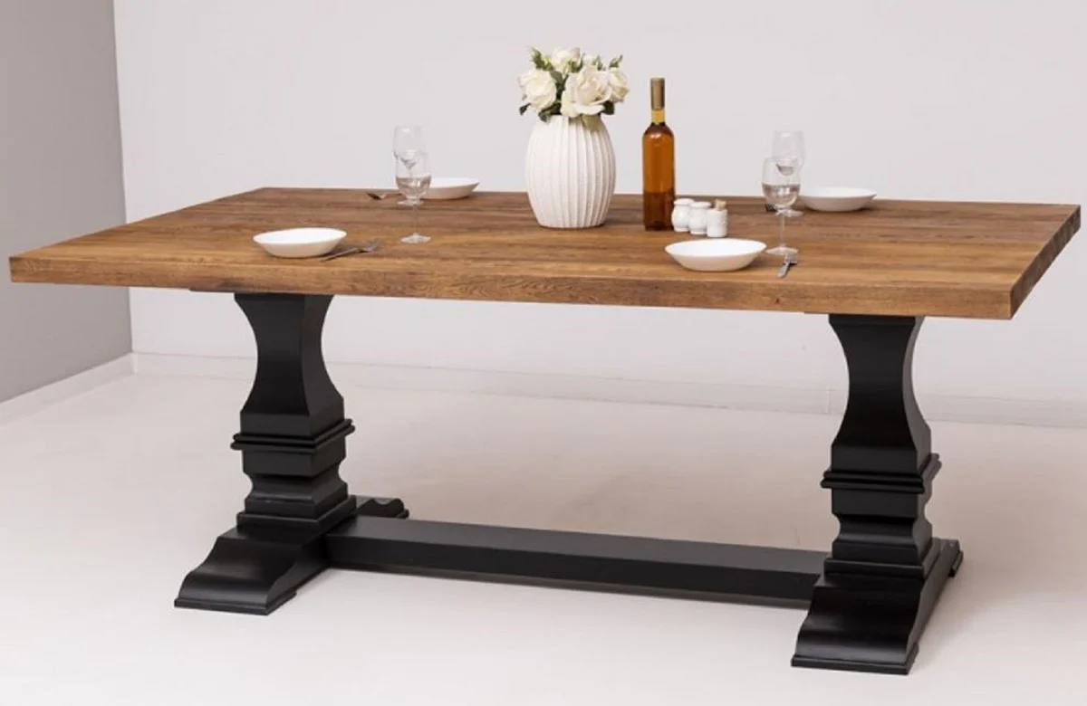 Country house style dining table brown / black 220 x 120 x H. 78 cm - Rectangular solid wood kitchen table - Country house style solid wood dining room furniture