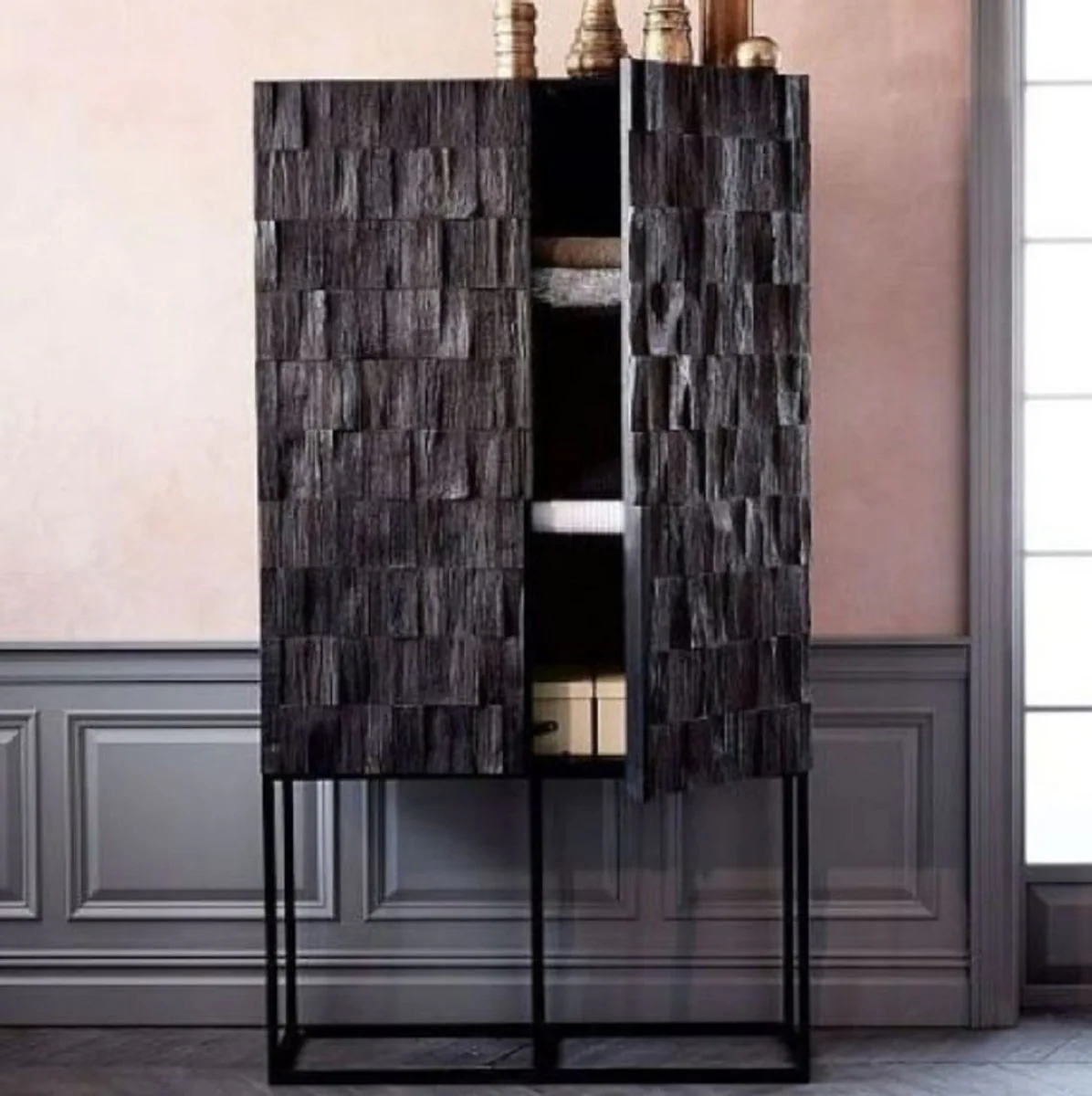 Luxury shelf cabinet with 2 doors matt black / black 80 x 45 x H. 180 cm - solid wood cabinet with metal legs - luxury furniture