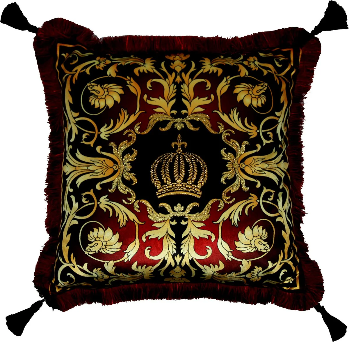 Harald Glööckler Luxury Decorative Baroque Cushion Pompöös by Bordeaux Red / Gold Crown Deluxe with Rhinestones and Tassels - Glööckler Cushion