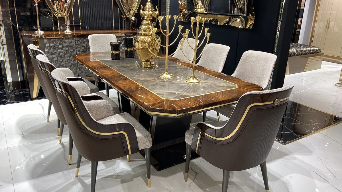 Luxury Dining Room Set Gray / Brown / Gold - 1 Dining Table & 8 Dining Chairs - Luxury Dining Room Furniture - Luxury Quality