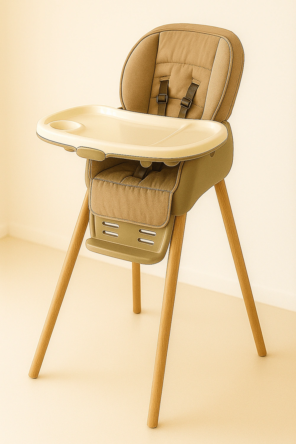 Hochstuhl mit abnehmbarem Tablett, Belastbarkeit bis 20 kg, 5-Punkt-Sicherheitsgurt, braune Farbe, mit fester Rückenlehne und fester Kopfstütze, geeignet für Kinder von 6 bis 36 Monaten