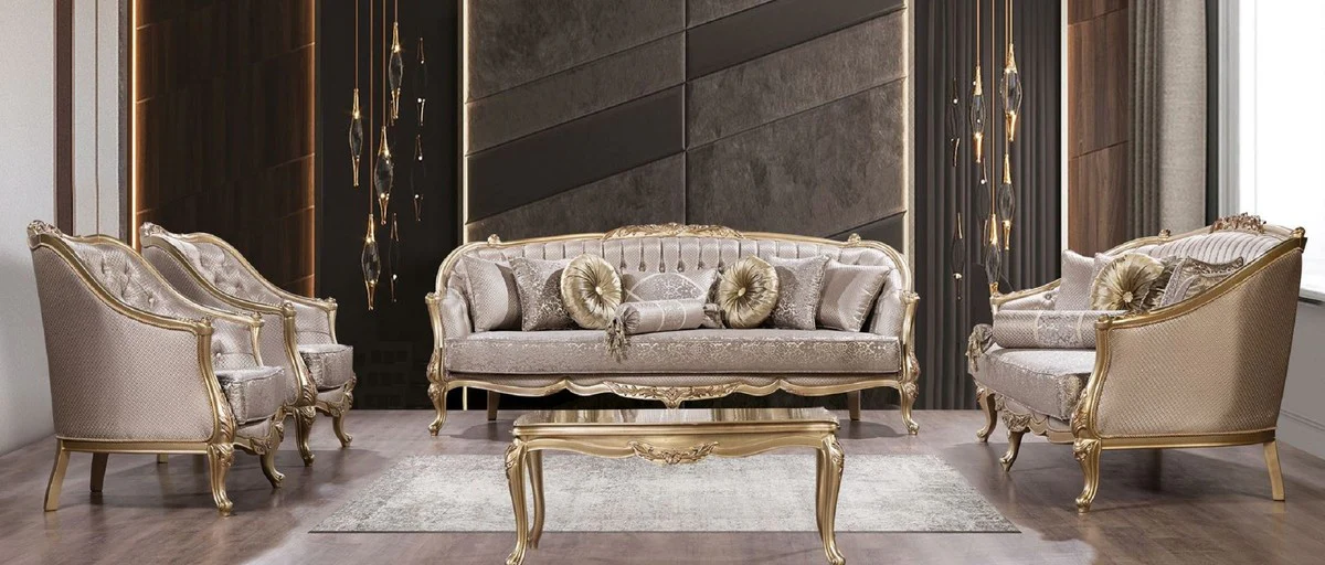 Luxus Barock Wohnzimmer Set Silber / Gold - 2 Barock Sofas & 2 Barock Sessel & 1 Barock Couchtisch - Luxus Wohnzimmer Möbel im Barockstil - Barock Möbel - Edel & Prunkvoll