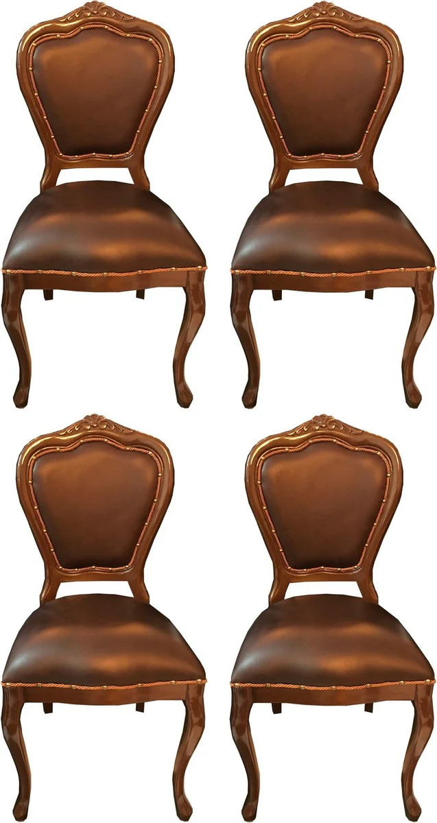 Luxury Baroque Dining Room Set Brown / Brown 45 x 47 x H. 99 cm - 4 handmade solid wood dining chairs with real leather - Baroque dining room furniture