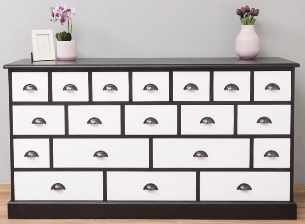 Country house style chest of drawers black / white 180 x 48 x H. 95 cm - solid wood cabinet with 19 drawers - country house style furniture - country house style furniture - country house style furnishings