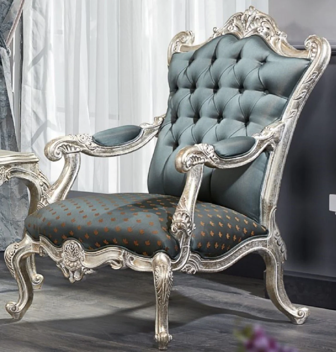 Luxury Baroque Chesterfield throne armchair turquoise / dark turquoise / gold / silver 87 x 83 x H. 110 cm - Baroque furniture