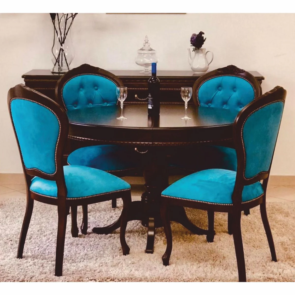 Luxury Baroque Dining Room Set Dark Brown / Blue - 1 extendable dining table & 4 chairs