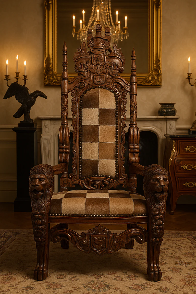 Barock Thron Sessel mit echtem Fell Mehrfarbig / Braun - Handgefertigter Königssessel - Hochzeitssessel - Riesensessel - Barock Möbel - Edel & Prunkvoll