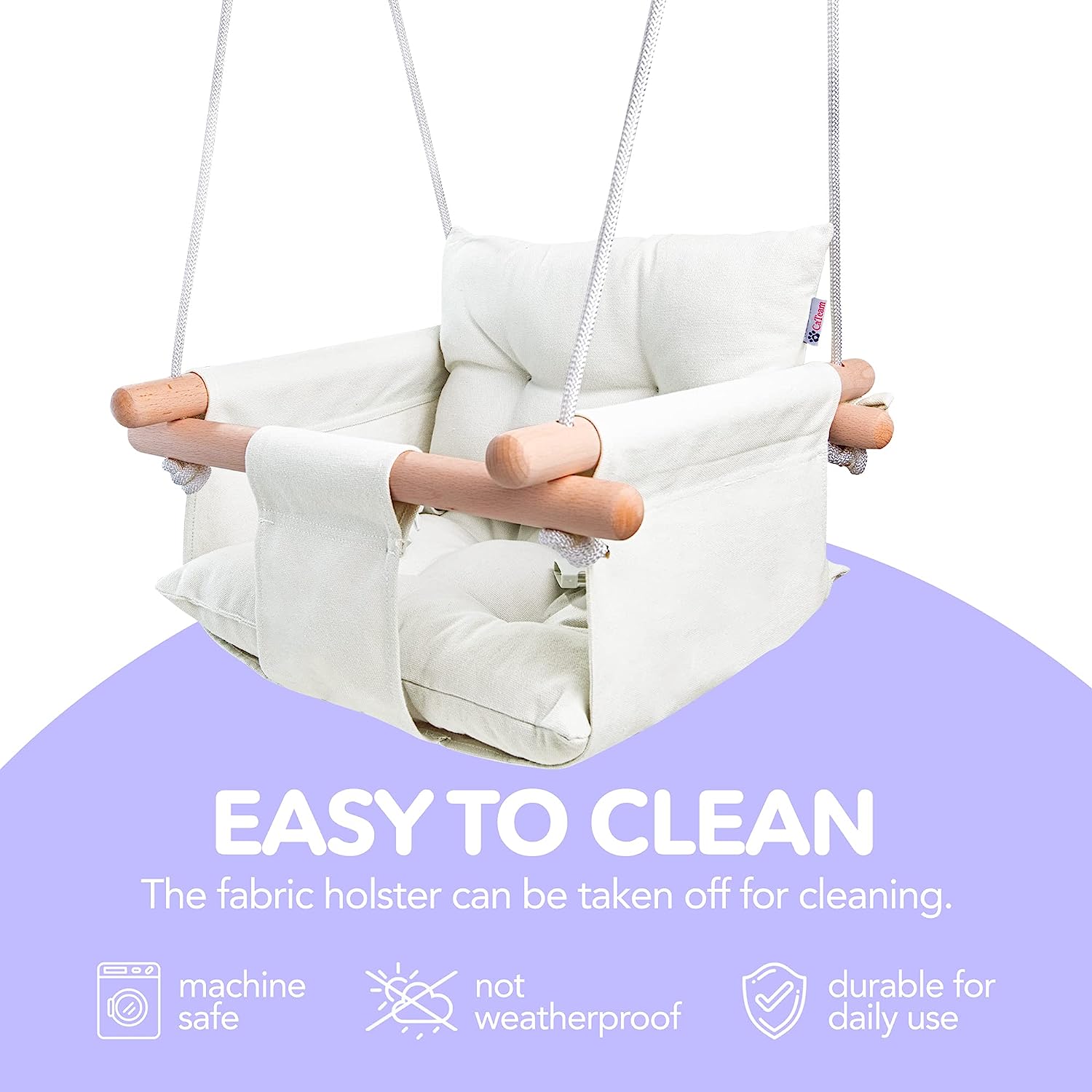 Babyschaukel aus Segeltuch, hängender Schaukelsitz aus Holz mit Sicherheitsgurt, langlebiger Baby-Hängemattenstuhl, Außen- und Innenschaukel für Kinder, Montagezubehör im Lieferumfang enthalten, Elfenbeinfarben