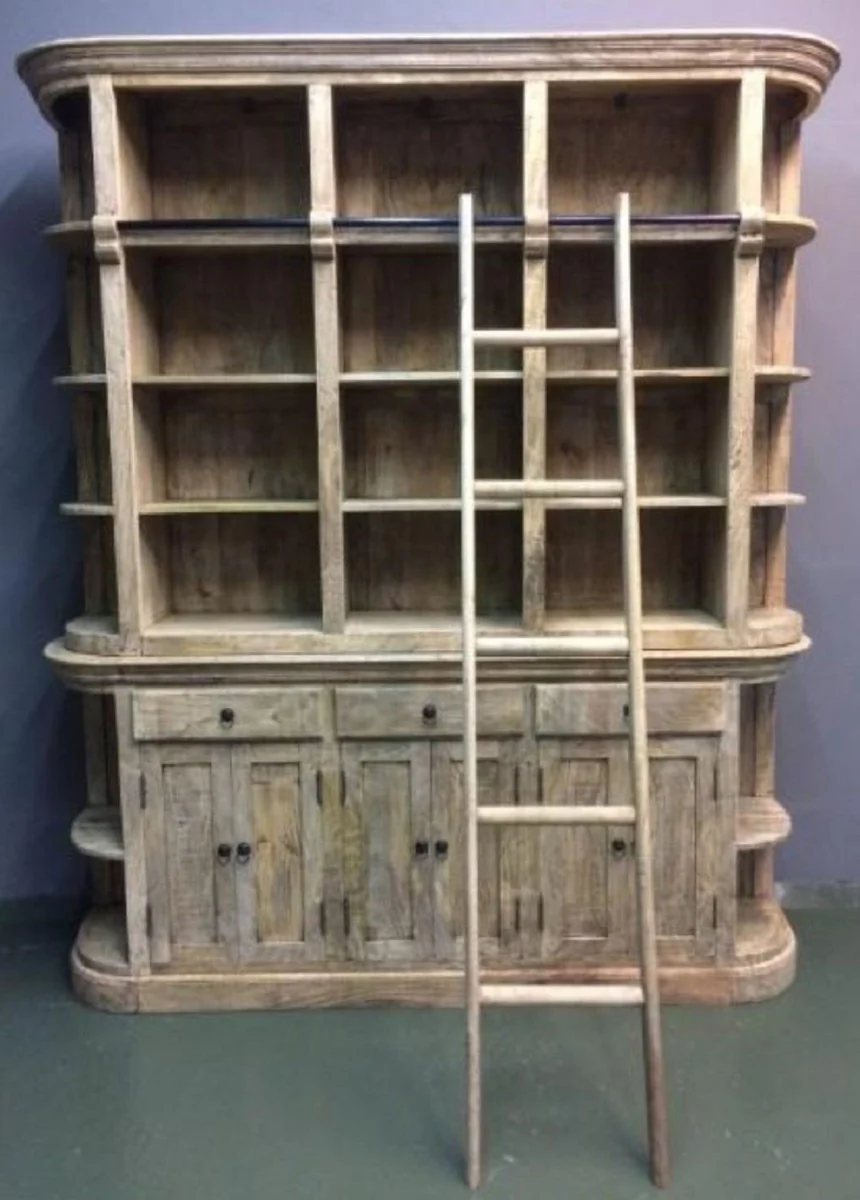 Country house style bookcase with ladder natural colors 200 x 42 x H. 230 cm - solid wood cupboard - shelf cupboard - living room cupboard - office cupboard - country house style furniture