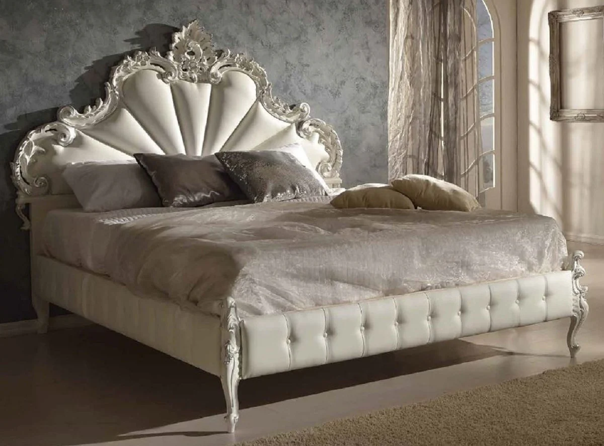 Luxury Baroque double bed white / silver - Magnificent solid wood bed in Baroque style - Baroque bedroom & hotel furniture - Luxury quality - Made in Italy